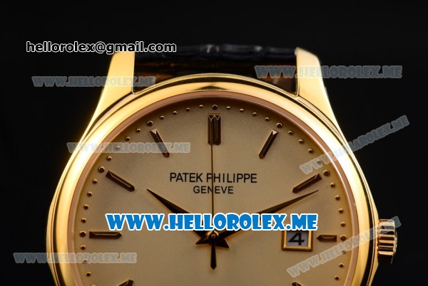 Patek Philippe Calatrava Miyota Quartz Yellow Gold Case with Yellow Gold Dial and Black Leather Strap Stick Markers - Click Image to Close